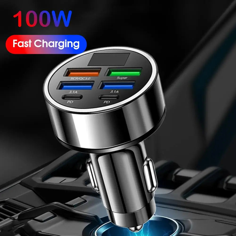 New PD Car Charger Fast Charge One to Six 6-in-1 Car Plug Car Charger Flash Charge With Digital Display