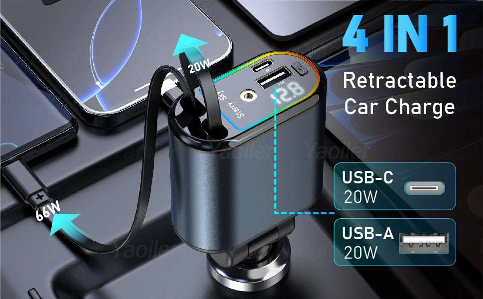 Starlight Retractable Car Charger,120W 4-in-1 Car Accessories,USB-C Fast Car Phone Charger Adapter with 2 USB Ports,for iPhone