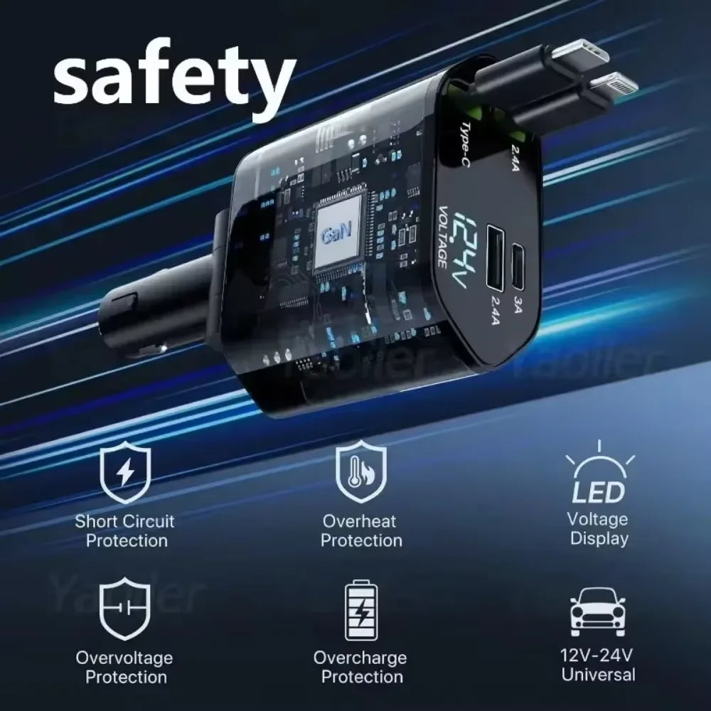 Starlight Retractable Car Charger,120W 4-in-1 Car Accessories,USB-C Fast Car Phone Charger Adapter with 2 USB Ports,for iPhone