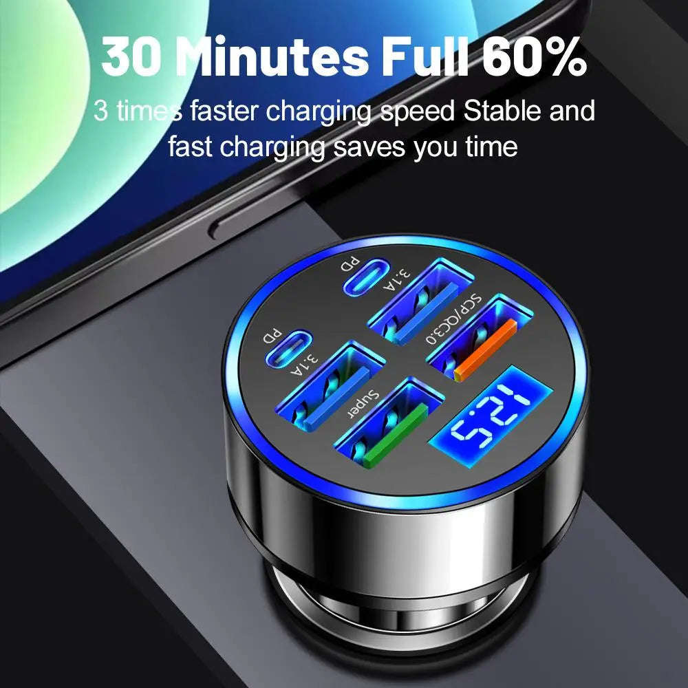 New PD Car Charger Fast Charge One to Six 6-in-1 Car Plug Car Charger Flash Charge With Digital Display