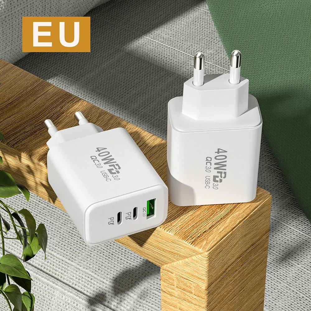 USB C Charger 40W Type-C PD Mobile Phone Fast Charging High Speed Quick Charge 3.0 Wall Charger Multiple Ports for iPhone Xiaomi