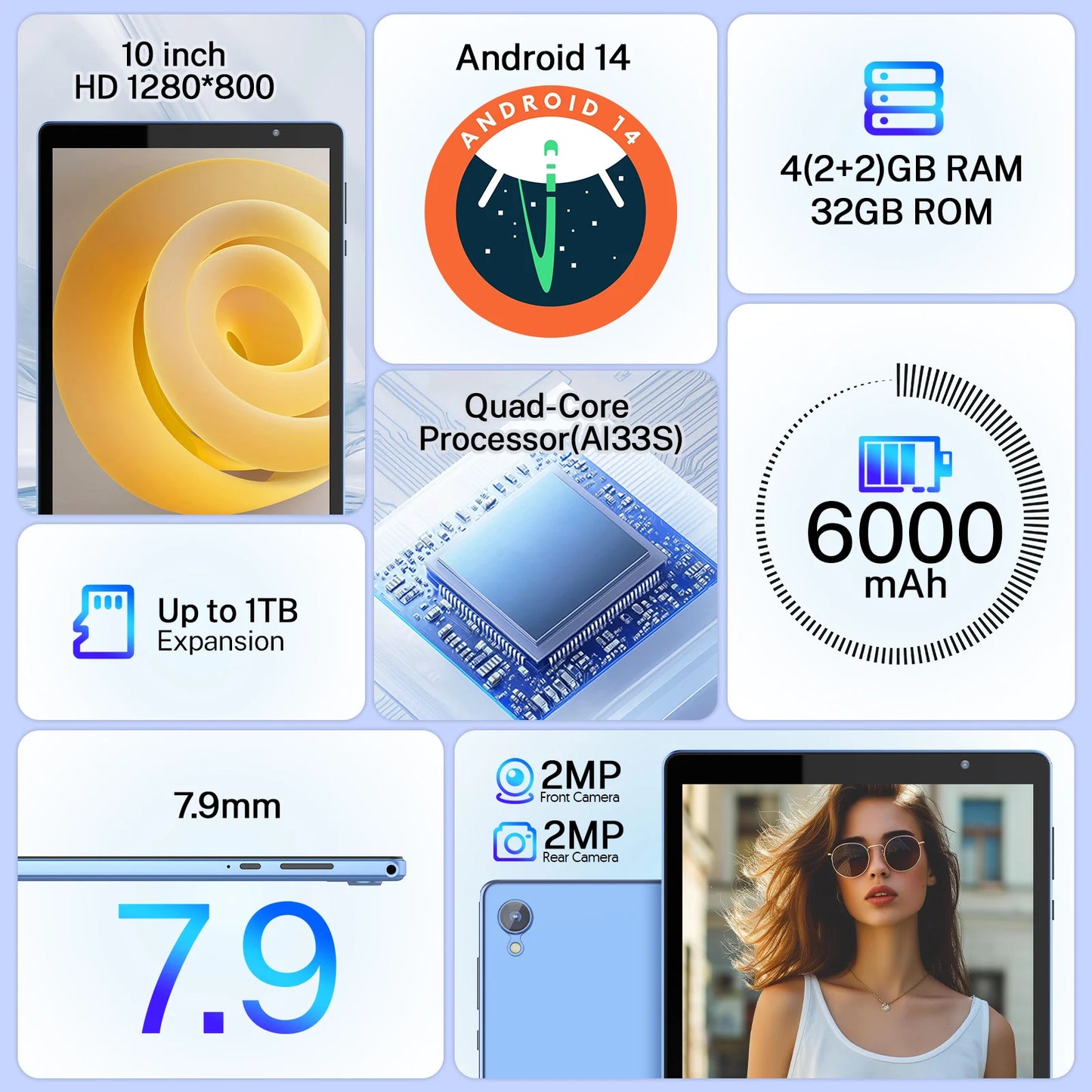 Latest Android 14 Tablet, 10-inch Tablet, Quad-core Processor, 5G WiFi, 4GB ROM + 32GB RAM, 1280*800 Resolution, 8000mAh Battery