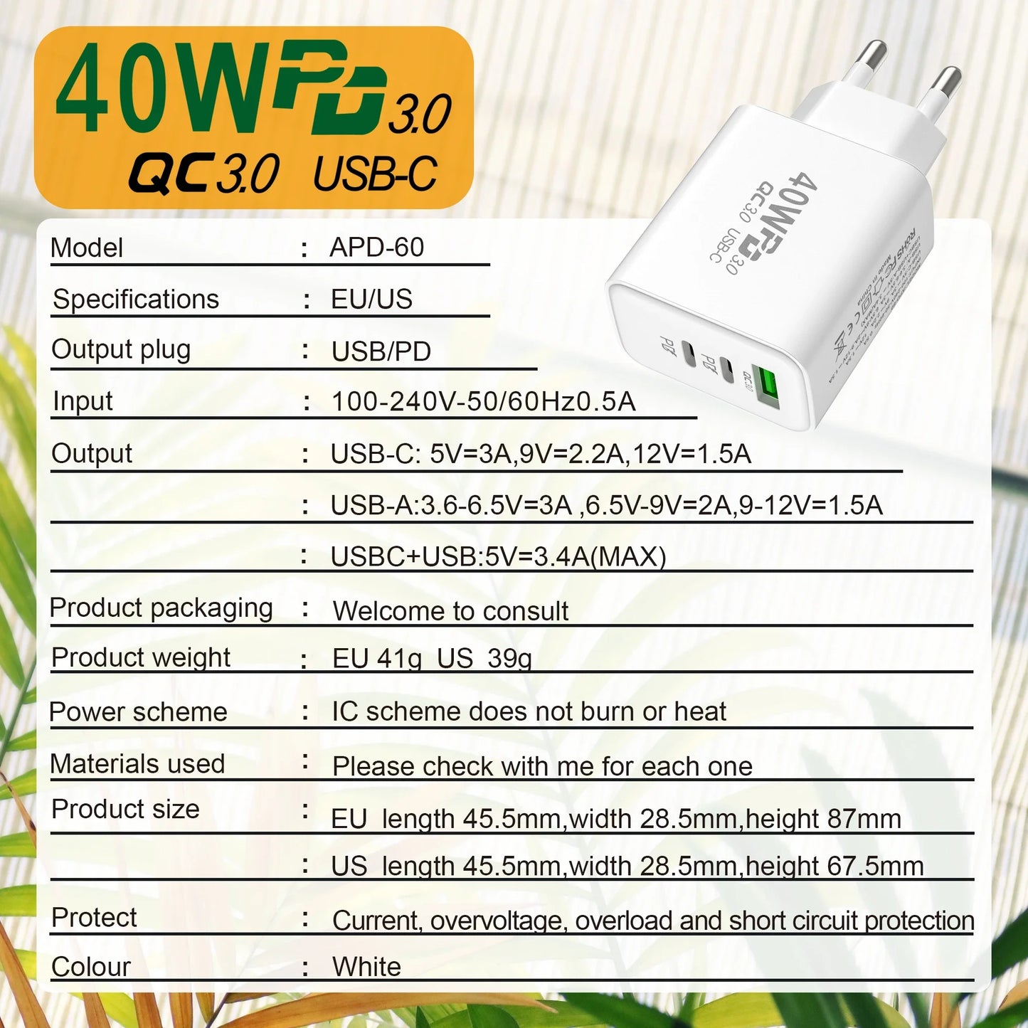 USB C Charger 40W Mobile Phone Type-C PD Fast Charging High Speed Quick Charge 3.0 Wall Adapter Multiple Ports for iPhone Xiaomi