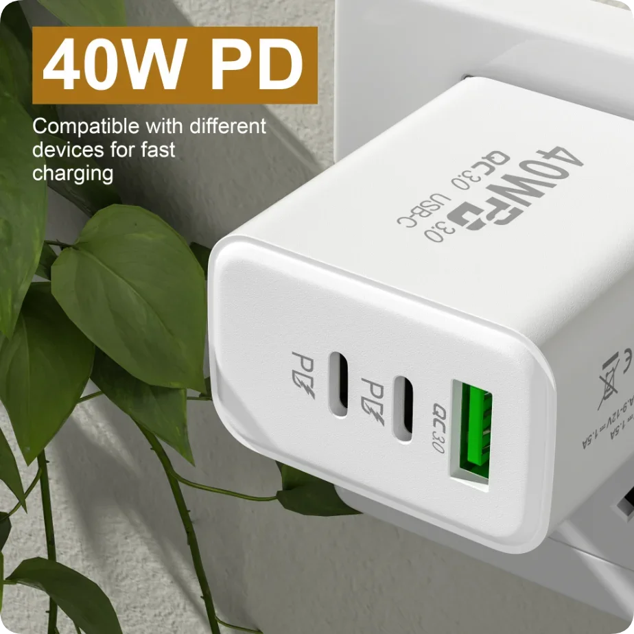 USB C Charger 40W Mobile Phone Type-C PD Fast Charging High Speed Quick Charge 3.0 Wall Adapter Multiple Ports for iPhone Xiaomi