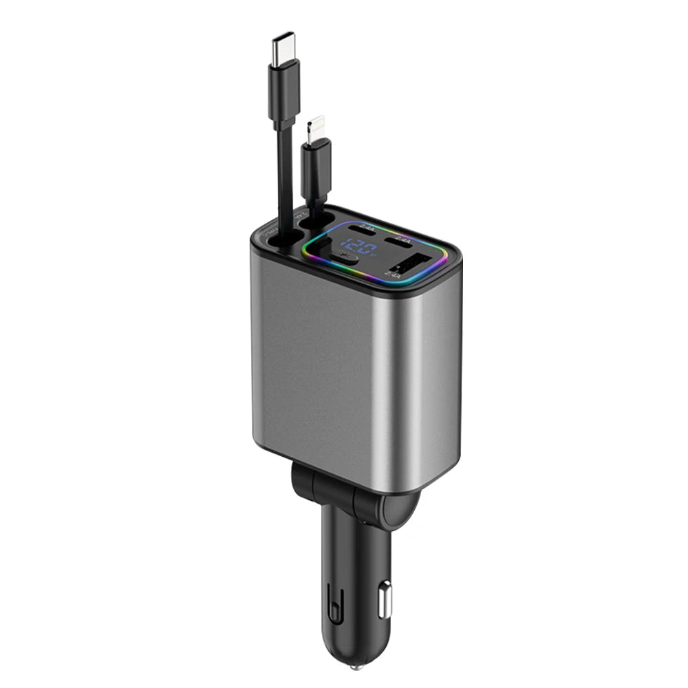 4IN1 Retractable Car Charger with Starlight Type-C Car Charger Adapter Car Phone Charger with Star Light For IOS Android Phones