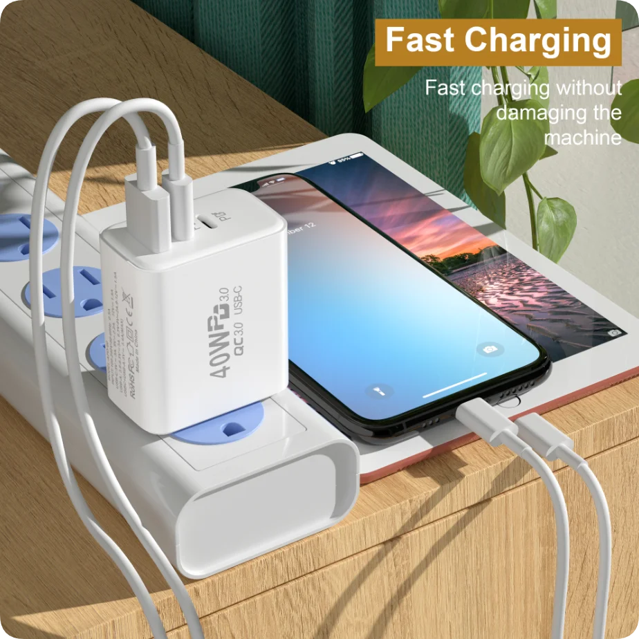 USB C Charger 40W Mobile Phone Type-C PD Fast Charging High Speed Quick Charge 3.0 Wall Adapter Multiple Ports for iPhone Xiaomi