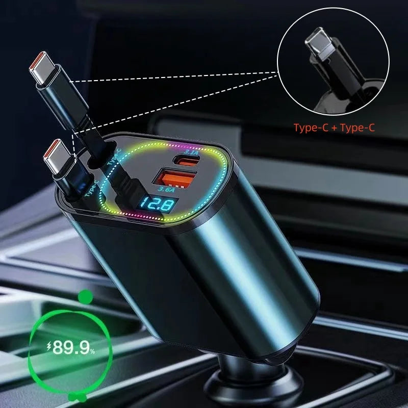 Retractable Car Charger, 4 in 1 Fast Charging Car Charger 120W, Retractable Cable and 2 USB Ports Car Charger Adapter Compatible