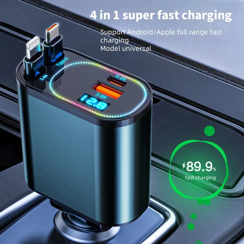 Retractable Car Charger, 4 in 1 Fast Charging Car Charger 120W, Retractable Cable and 2 USB Ports Car Charger Adapter Compatible