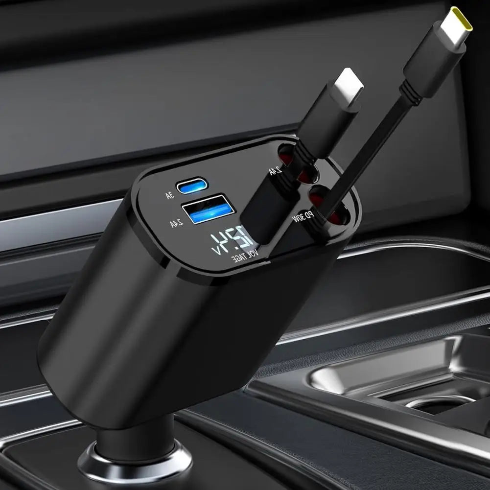 Fast Car Charger with Retractable Cable Over Temperature 180 Degree Adjustable Head Universal Car Charger Adapter