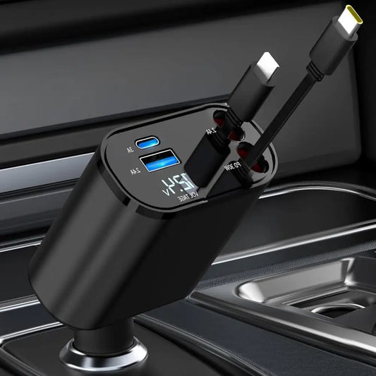 Fast Car Charger with Retractable Cable Over Temperature 180 Degree Adjustable Head Universal Car Charger Adapter