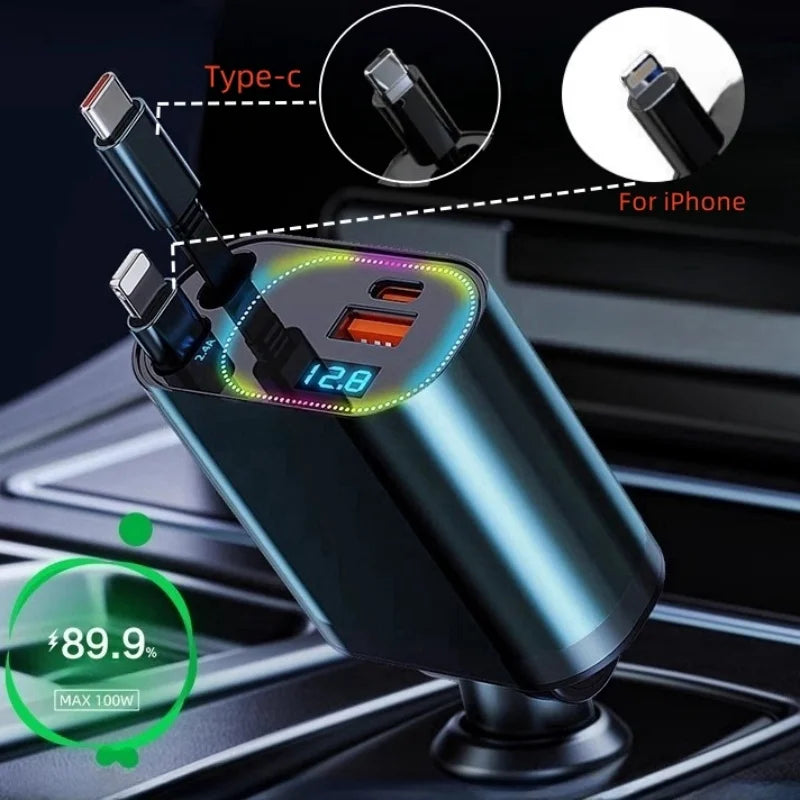 Retractable Car Charger, 4 in 1 Fast Charging Car Charger 120W, Retractable Cable and 2 USB Ports Car Charger Adapter Compatible