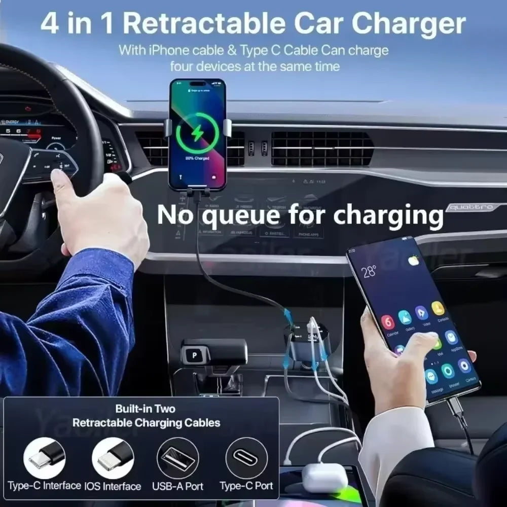 Starlight Retractable Car Charger,120W 4-in-1 Car Accessories,USB-C Fast Car Phone Charger Adapter with 2 USB Ports,for iPhone