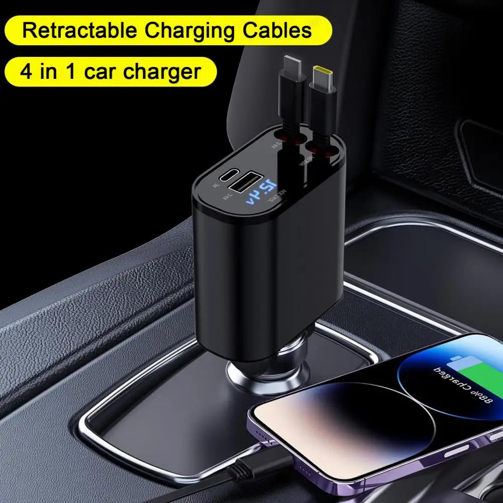 Fast Car Charger with Retractable Cable Over Temperature 180 Degree Adjustable Head Universal Car Charger Adapter