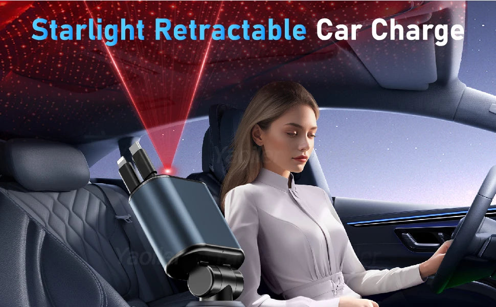 Starlight Retractable Car Charger,120W 4-in-1 Car Accessories,USB-C Fast Car Phone Charger Adapter with 2 USB Ports,for iPhone