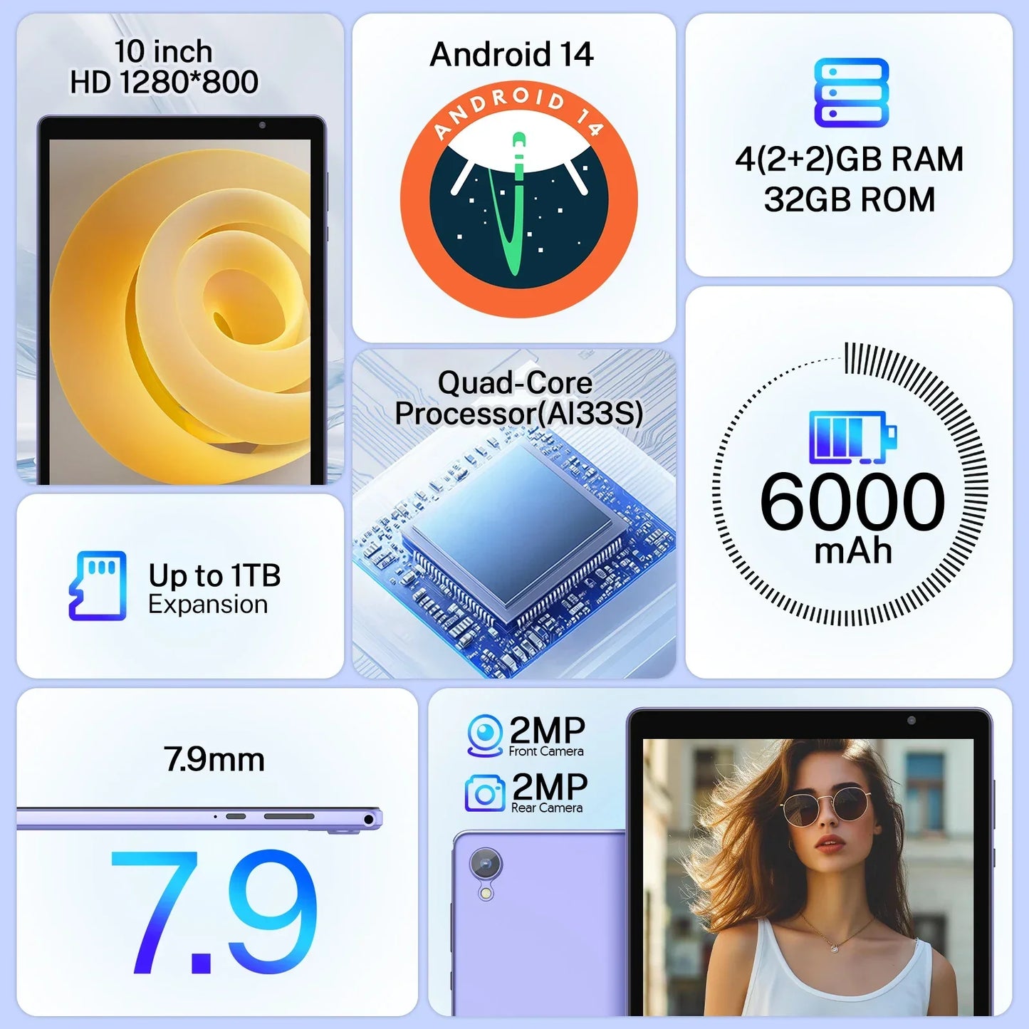 Latest Android 14 Tablet, 10-inch Tablet, Quad-core Processor, 5G WiFi, 4GB ROM + 32GB RAM, 1280*800 Resolution, 8000mAh Battery