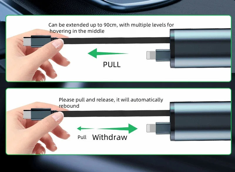 Retractable Car Charger, 4 in 1 Fast Charging Car Charger 120W, Retractable Cable and 2 USB Ports Car Charger Adapter Compatible