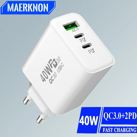 USB C Charger 40W Type-C PD Mobile Phone Fast Charging High Speed Quick Charge 3.0 Wall Charger Multiple Ports for iPhone Xiaomi
