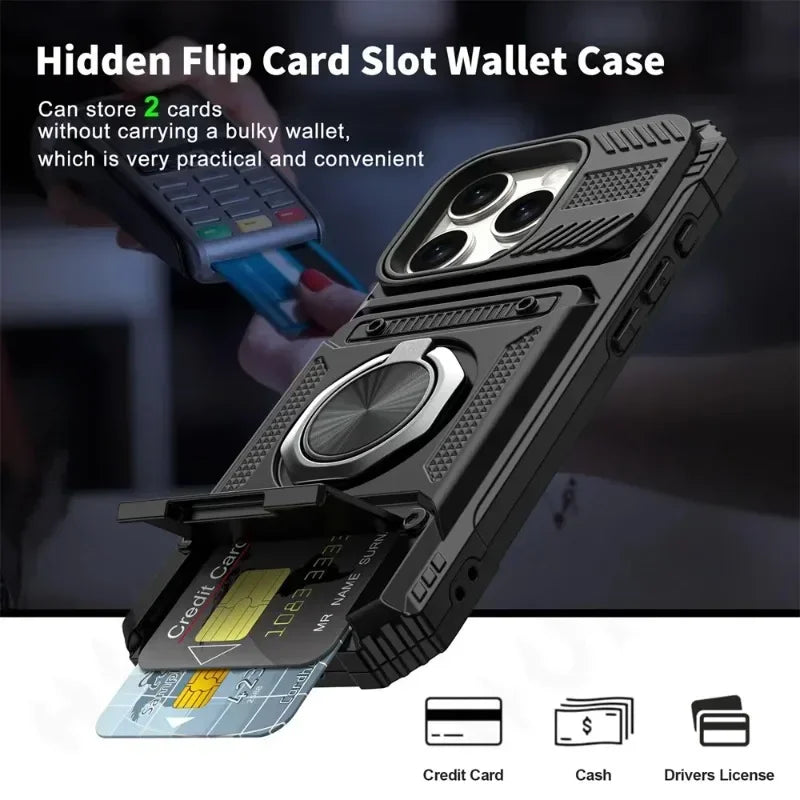 Case For iPhone 16 15 14 13 11 Pro Max XS XR 8 7 Plus Magnetic Rotated Ring Kickstand Heavy Duty Drop Protection Wallet Cover