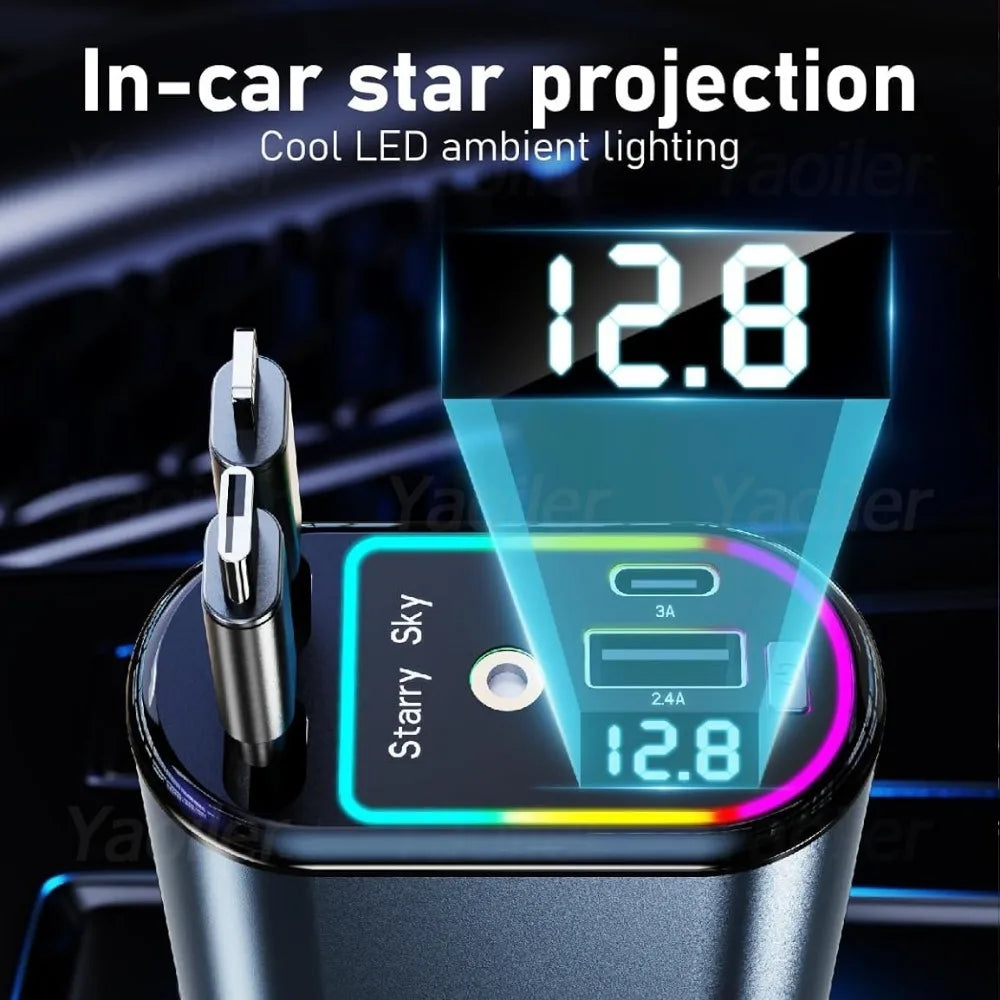 Starlight Retractable Car Charger,120W 4-in-1 Car Accessories,USB-C Fast Car Phone Charger Adapter with 2 USB Ports,for iPhone