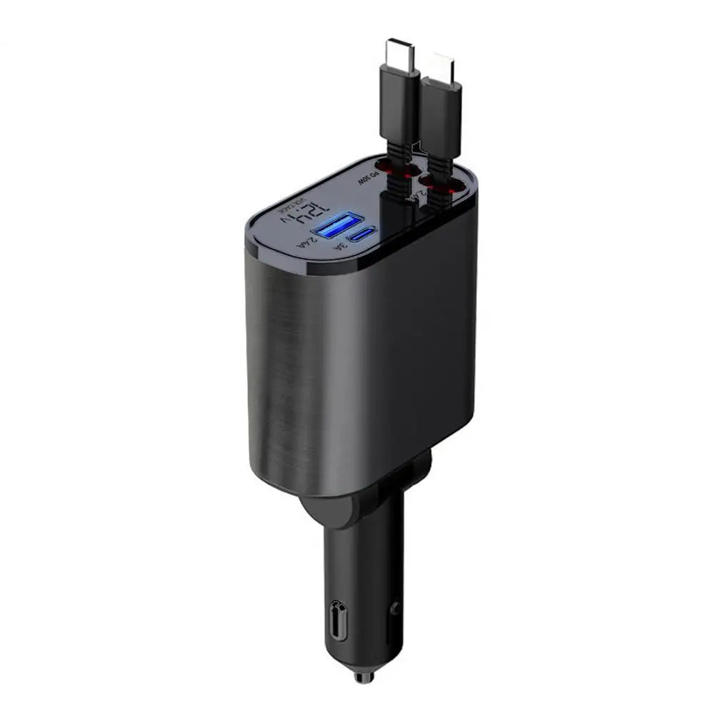 Fast Car Charger with Retractable Cable Over Temperature 180 Degree Adjustable Head Universal Car Charger Adapter