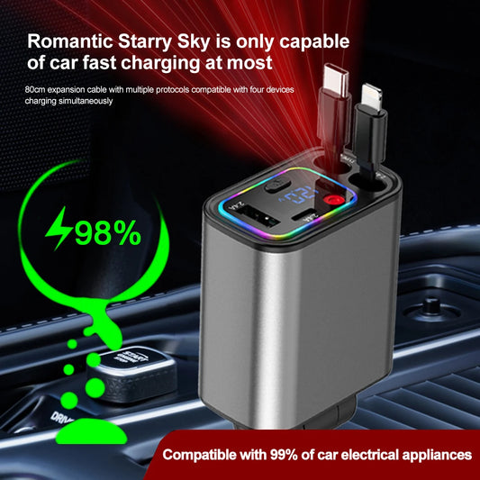 4IN1 Retractable Car Charger with Starlight Type-C Car Charger Adapter Car Phone Charger with Star Light For IOS Android Phones