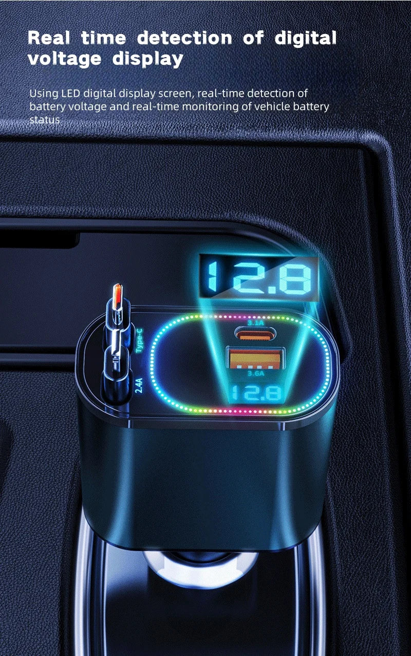 Retractable Car Charger, 4 in 1 Fast Charging Car Charger 120W, Retractable Cable and 2 USB Ports Car Charger Adapter Compatible