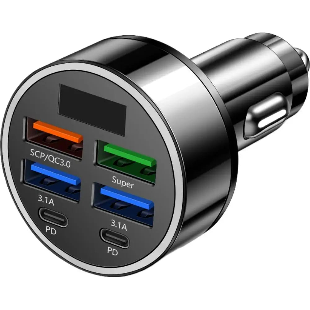 New PD Car Charger Fast Charge One to Six 6-in-1 Car Plug Car Charger Flash Charge With Digital Display