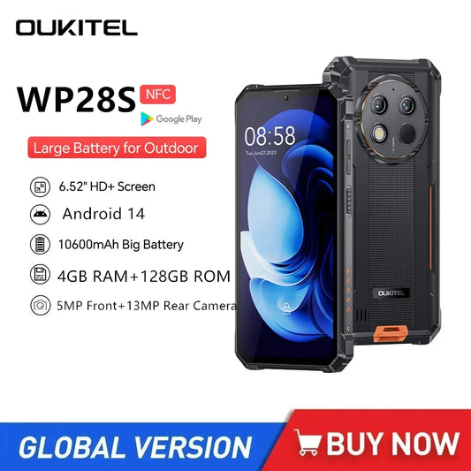 New Oukitel WP28S Rugged 4G Smartphones 6.52Inch HD Octa Core 4GB+128GB Android 14 Mobile Phone 10600mAh Battery 13MP Camera NFC