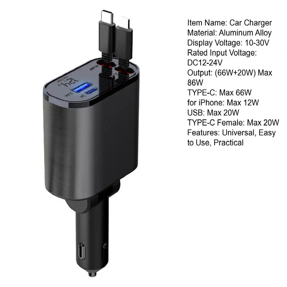 Fast Car Charger with Retractable Cable Over Temperature 180 Degree Adjustable Head Universal Car Charger Adapter