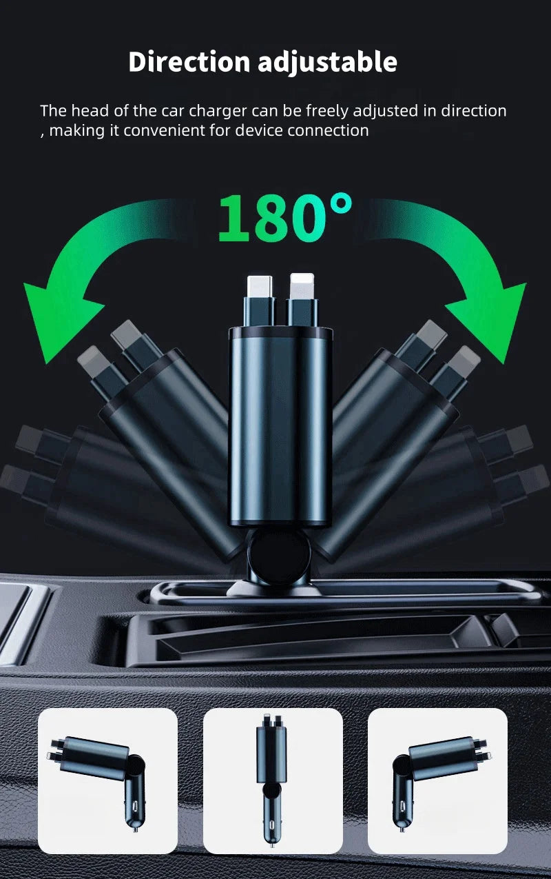Retractable Car Charger, 4 in 1 Fast Charging Car Charger 120W, Retractable Cable and 2 USB Ports Car Charger Adapter Compatible