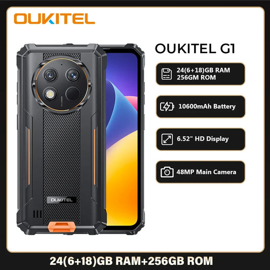 Oukitel G1 Rugged smartphone 6.52‘' HD+ 10600mAh 24GB+256GB Android14 48MP Camera cell phone