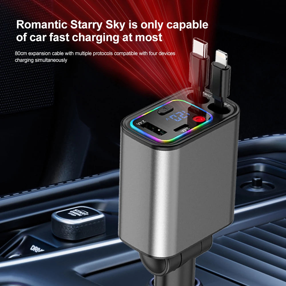 4IN1 Retractable Car Charger with Starlight Type-C Car Charger Adapter Car Phone Charger with Star Light For IOS Android Phones