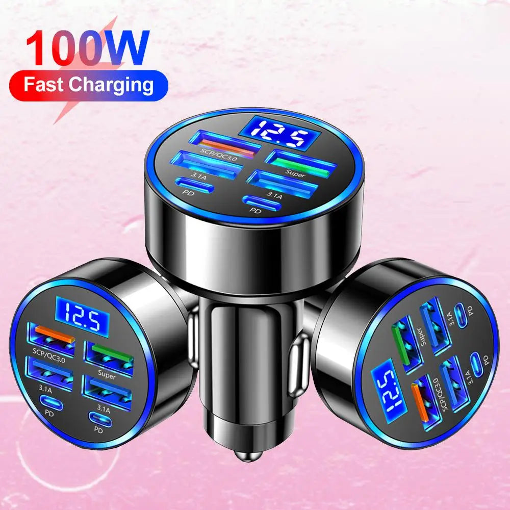 New PD Car Charger Fast Charge One to Six 6-in-1 Car Plug Car Charger Flash Charge With Digital Display